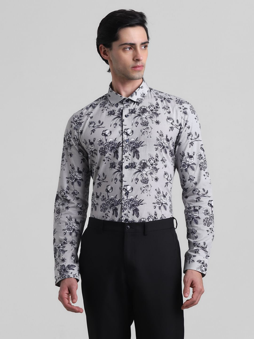 Grey Floral Print Full Sleeves Shirt