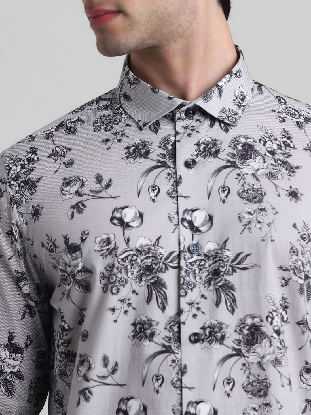 Grey Floral Print Full Sleeves Shirt