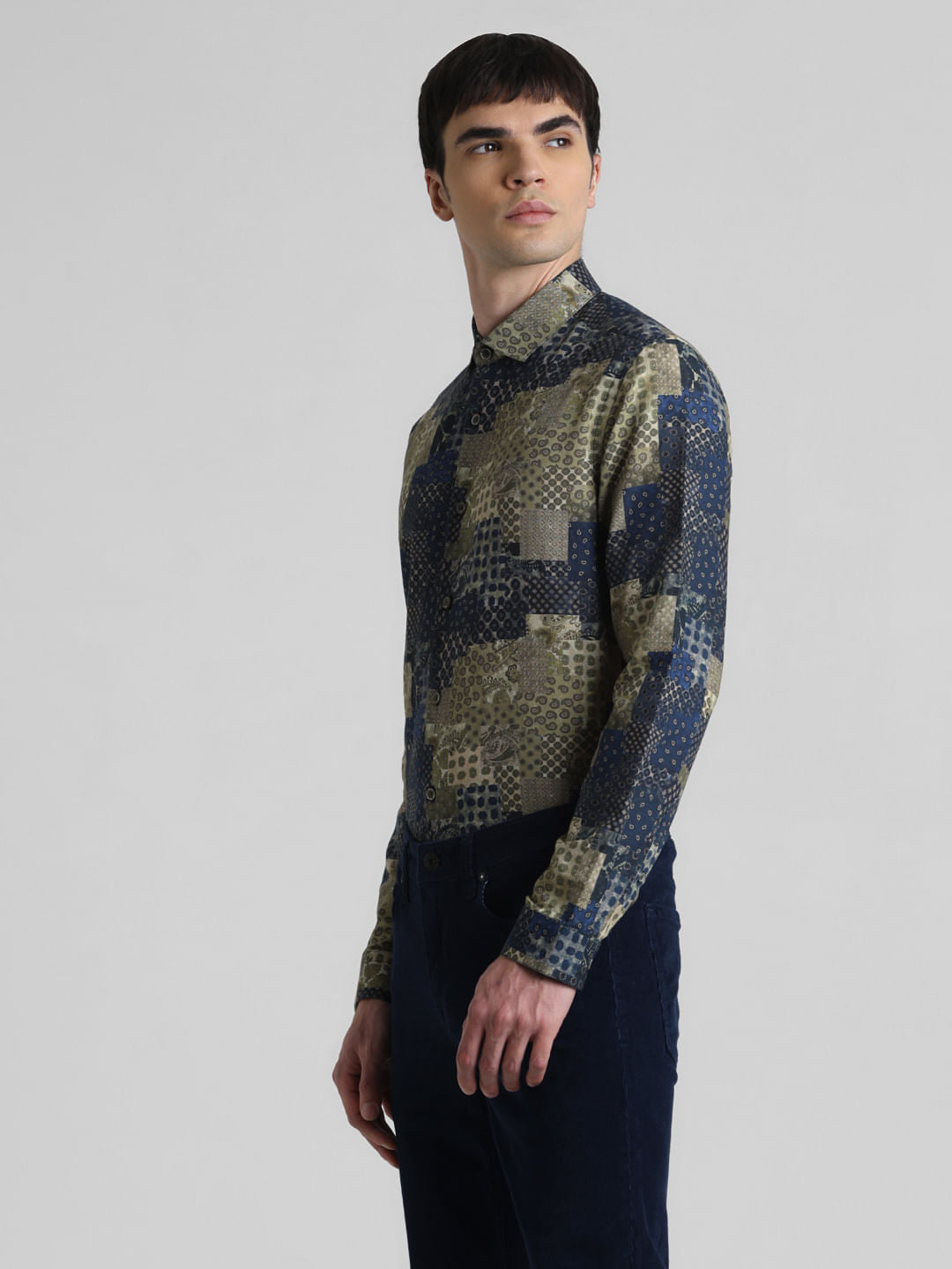 Blue Patch Print Linen Shirt