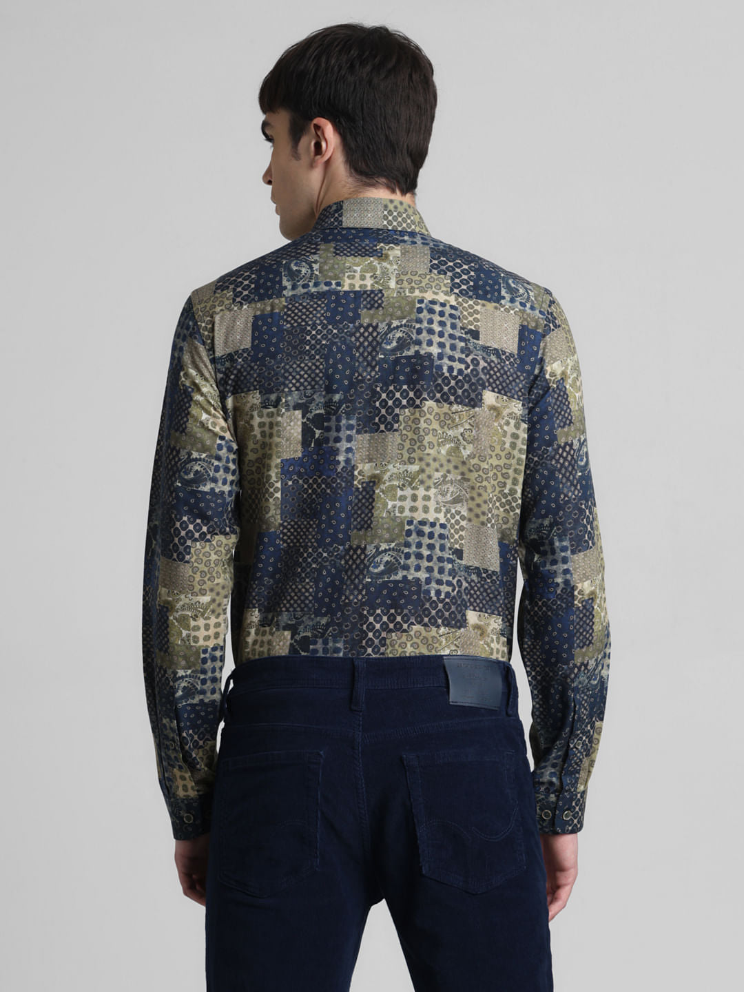 Blue Patch Print Linen Shirt