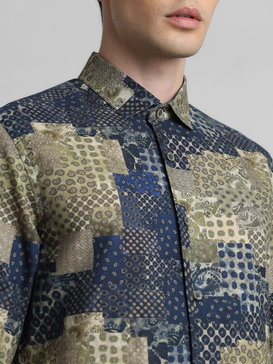 Blue Patch Print Linen Shirt
