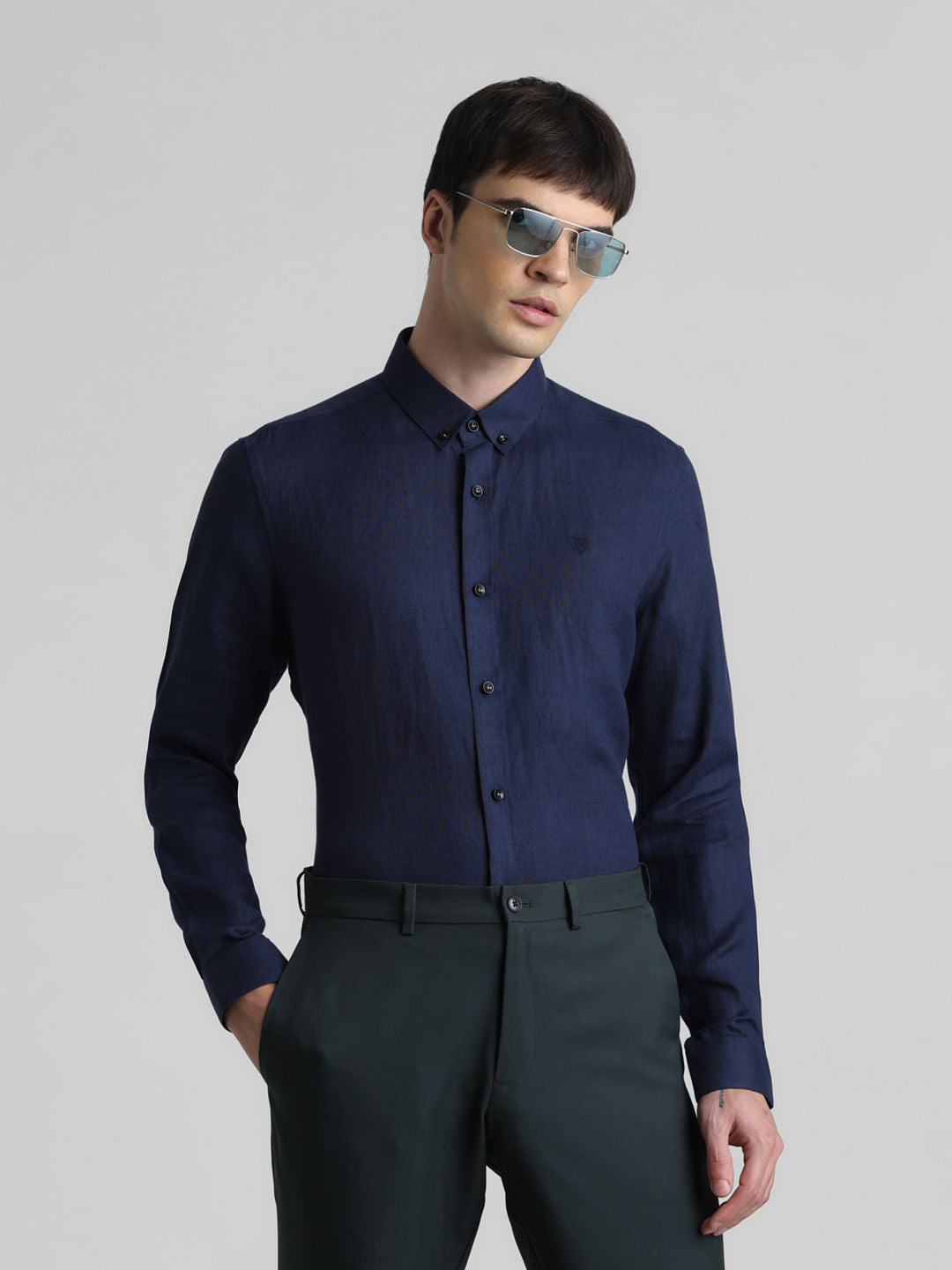 Navy Blue Linen Full Sleeves Shirt