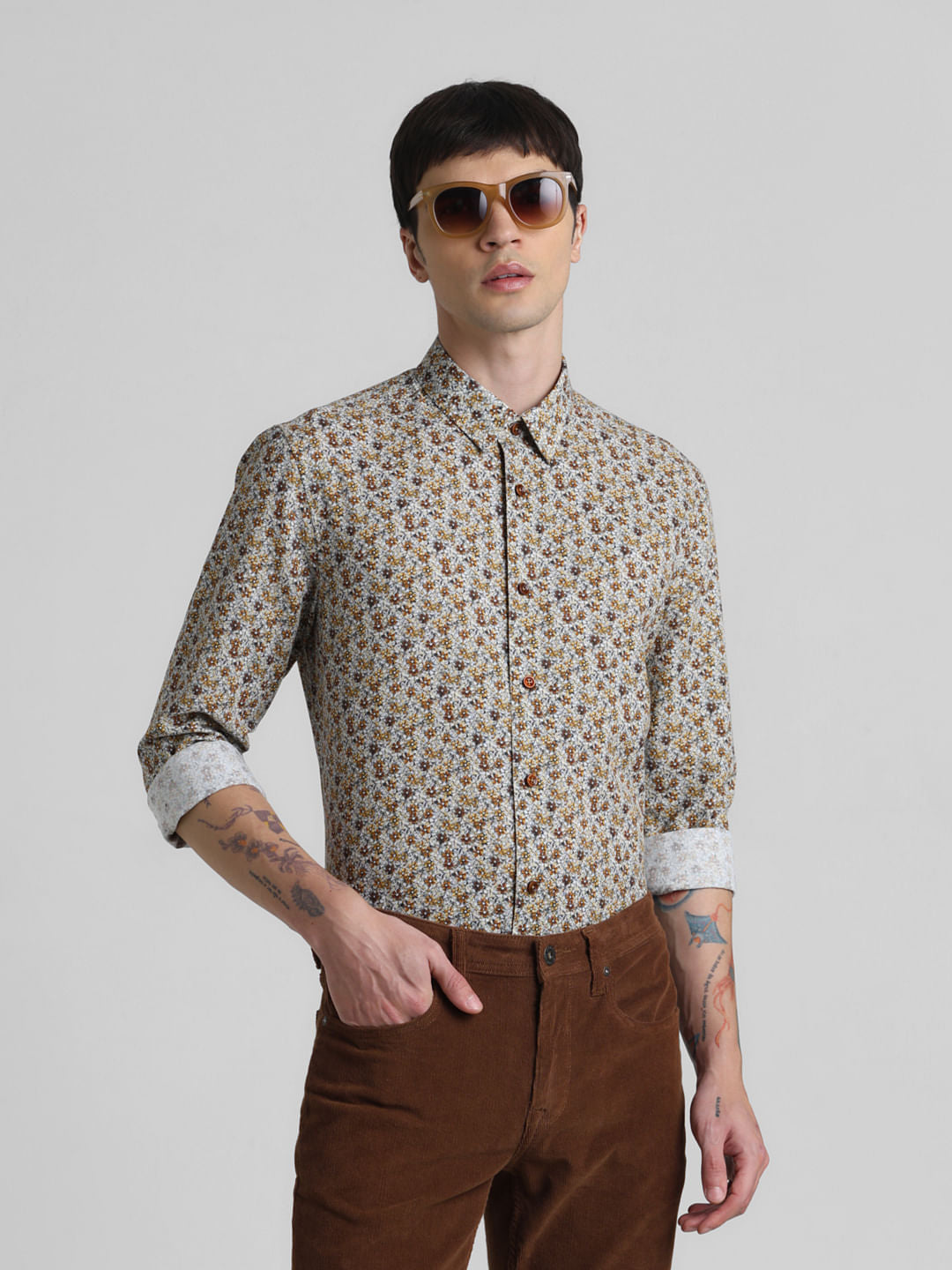 Brown Floral Full Sleeves Shirt