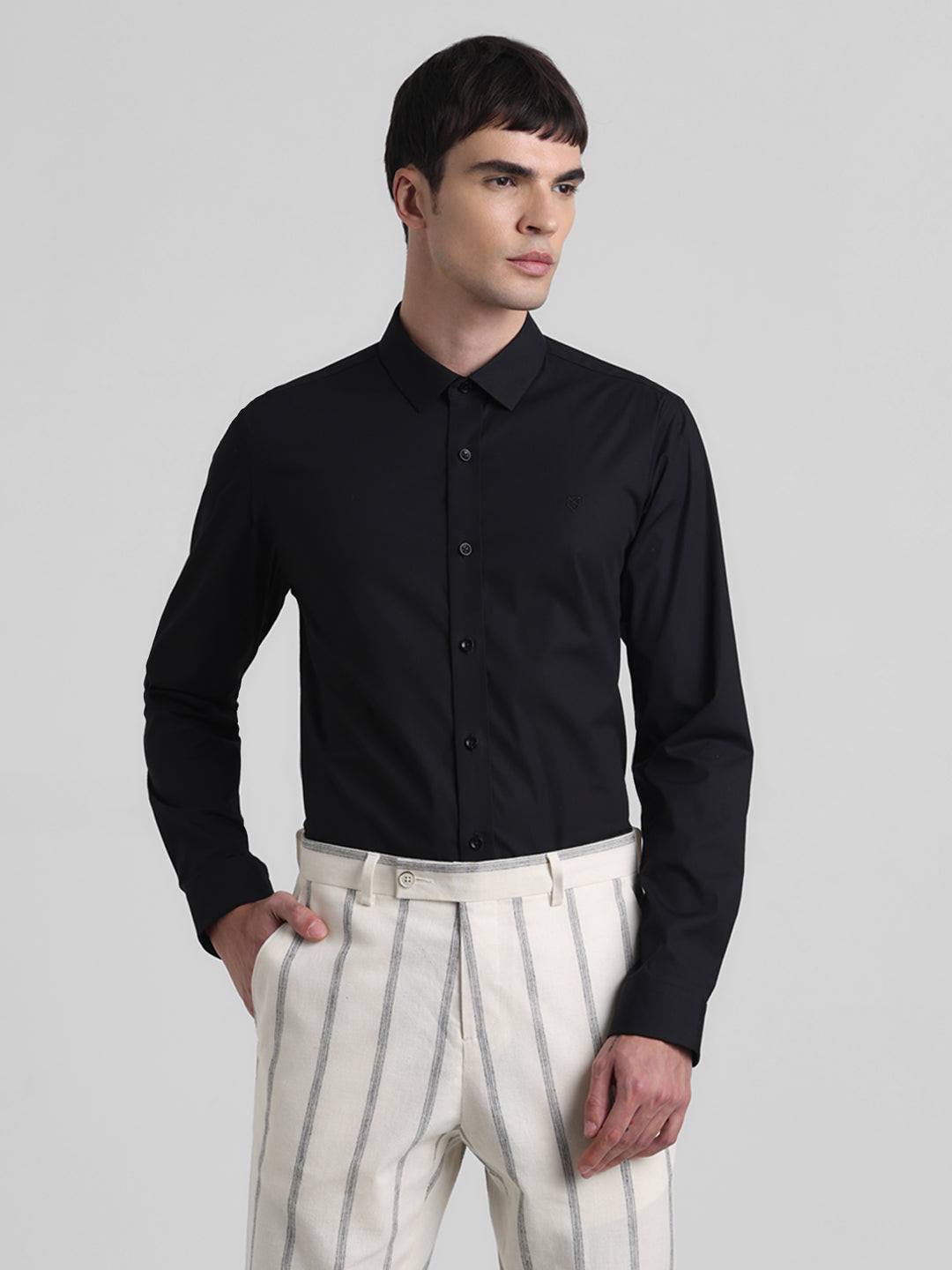Men's Black Solid Slim Fit Cotton Stretch Poplin Shirt