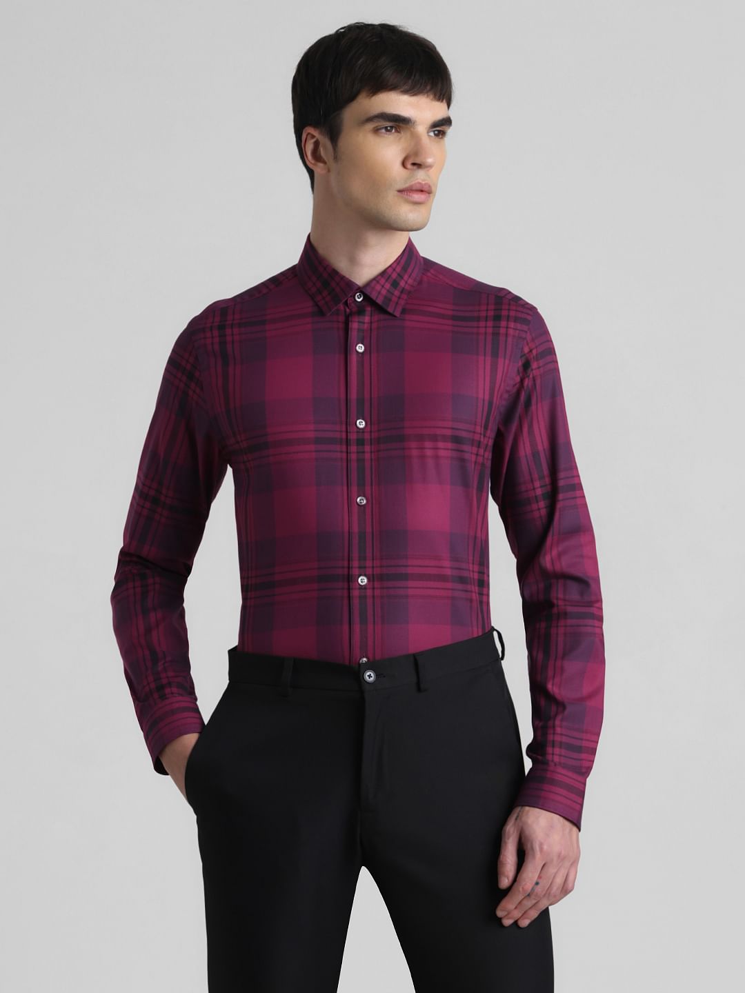 Purple Check Print Full Sleeves Shirt