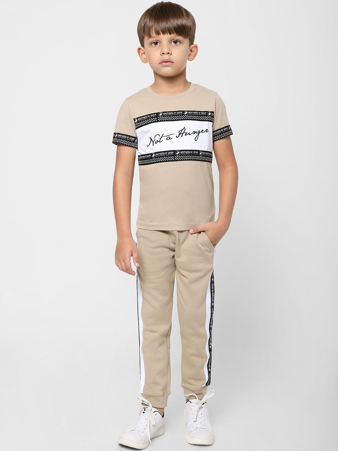 Boys Beige Slogan Print Crew Neck T-shirt