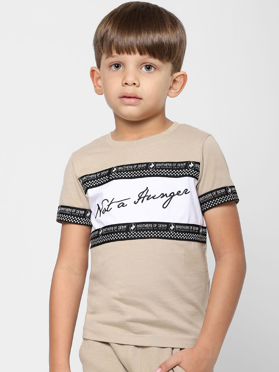 Boys Beige Slogan Print Crew Neck T-shirt