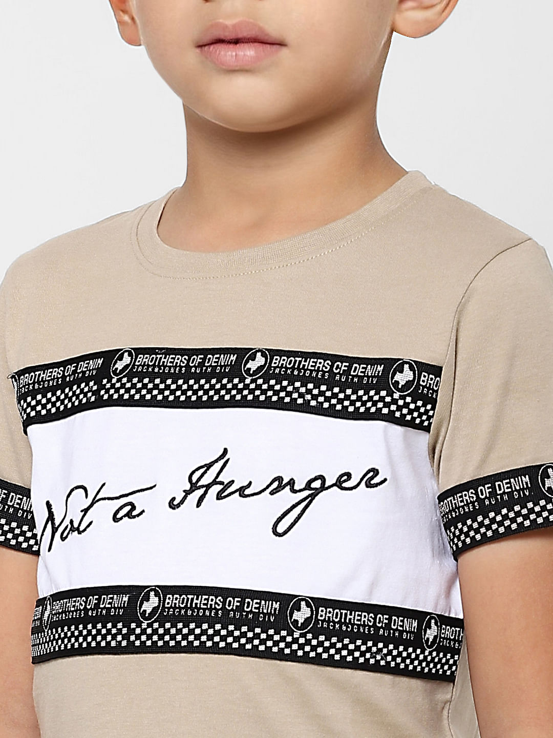 Boys Beige Slogan Print Crew Neck T-shirt