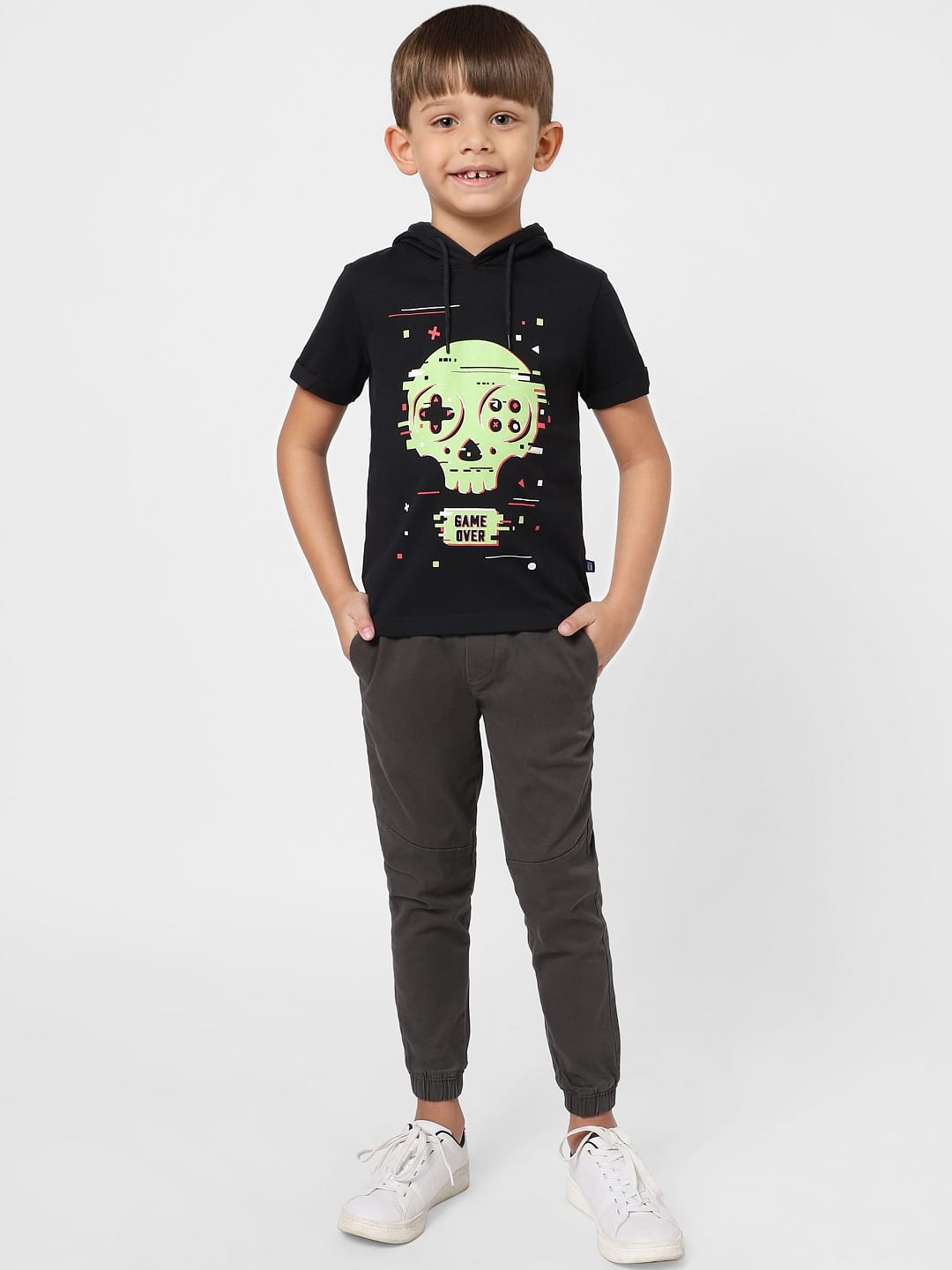 Boys Black Graphic Print Hooded T-shirt