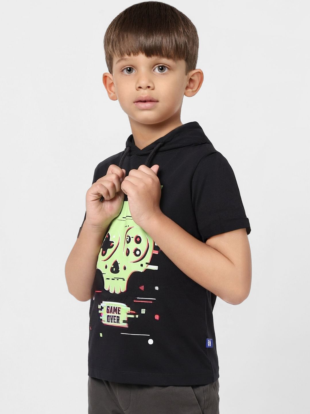 Boys Black Graphic Print Hooded T-shirt