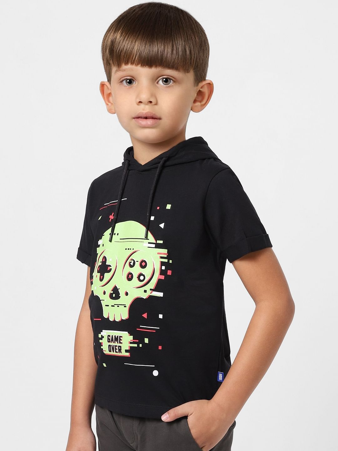Boys Black Graphic Print Hooded T-shirt