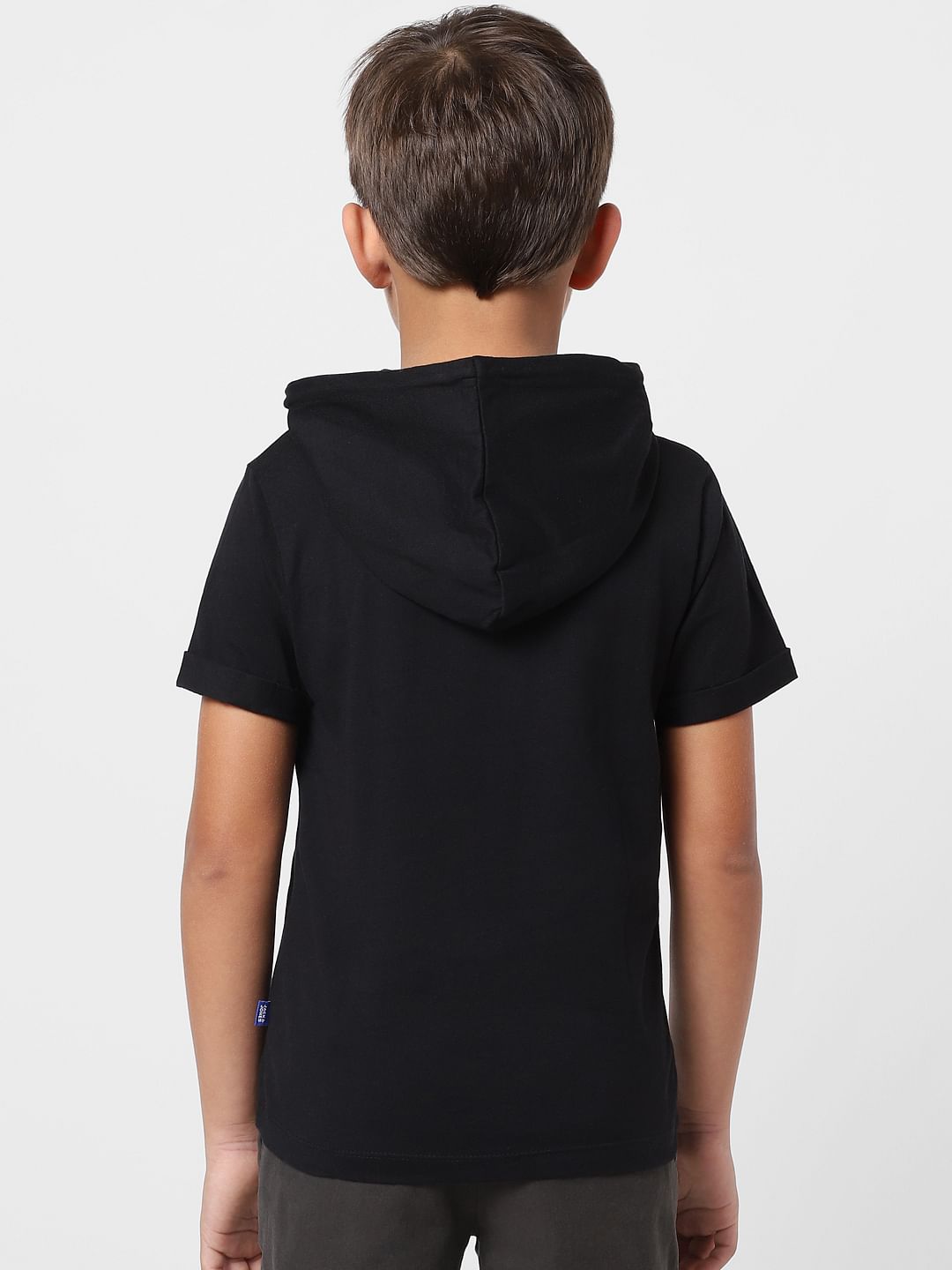 Boys Black Graphic Print Hooded T-shirt