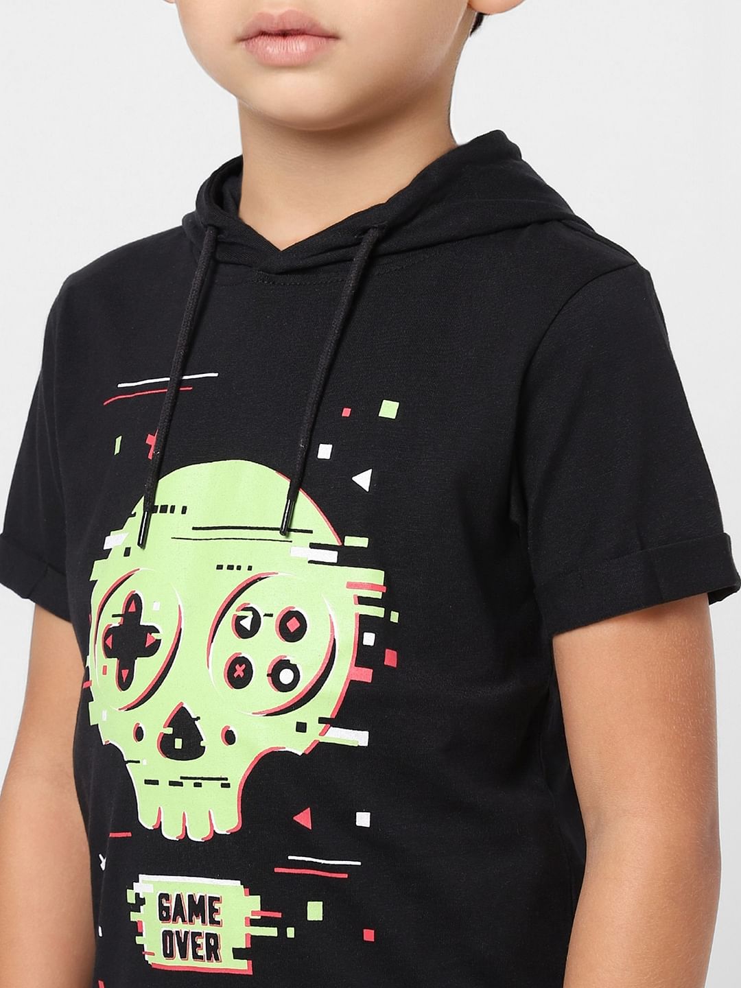 Boys Black Graphic Print Hooded T-shirt