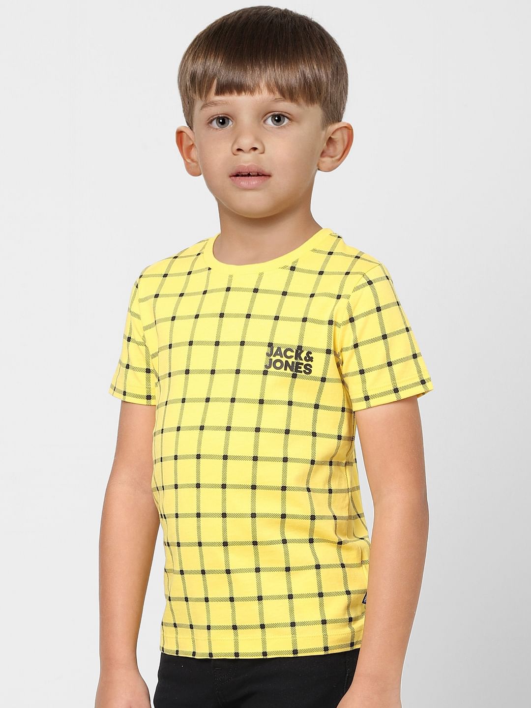 Boys Yellow Check Crew Neck T-shirt