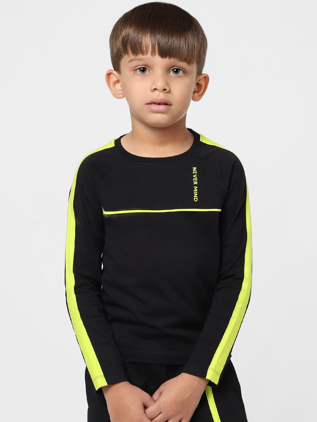 Boys Black Text Print Full Sleeves Crew Neck T-shirt