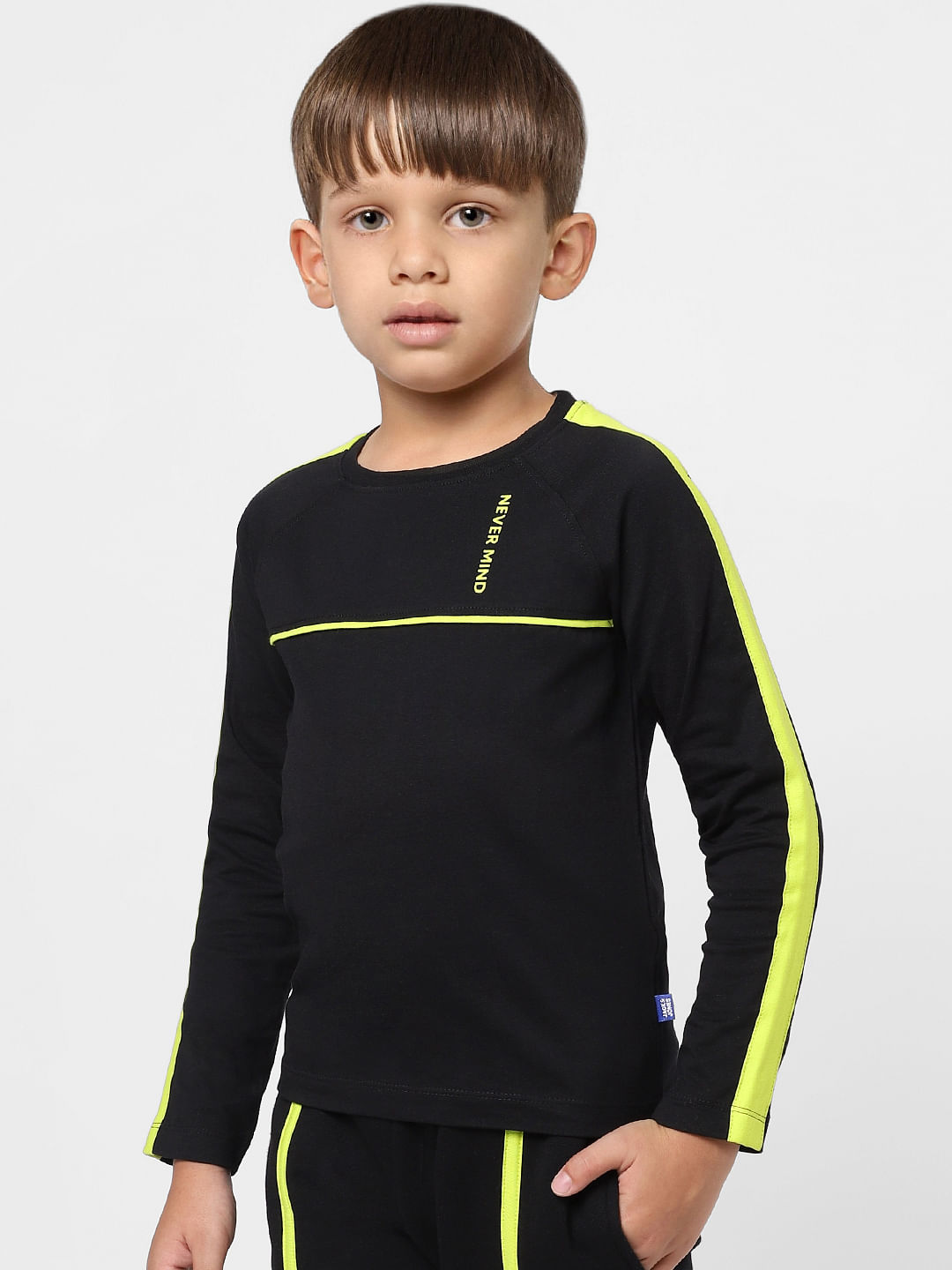 Boys Black Text Print Full Sleeves Crew Neck T-shirt