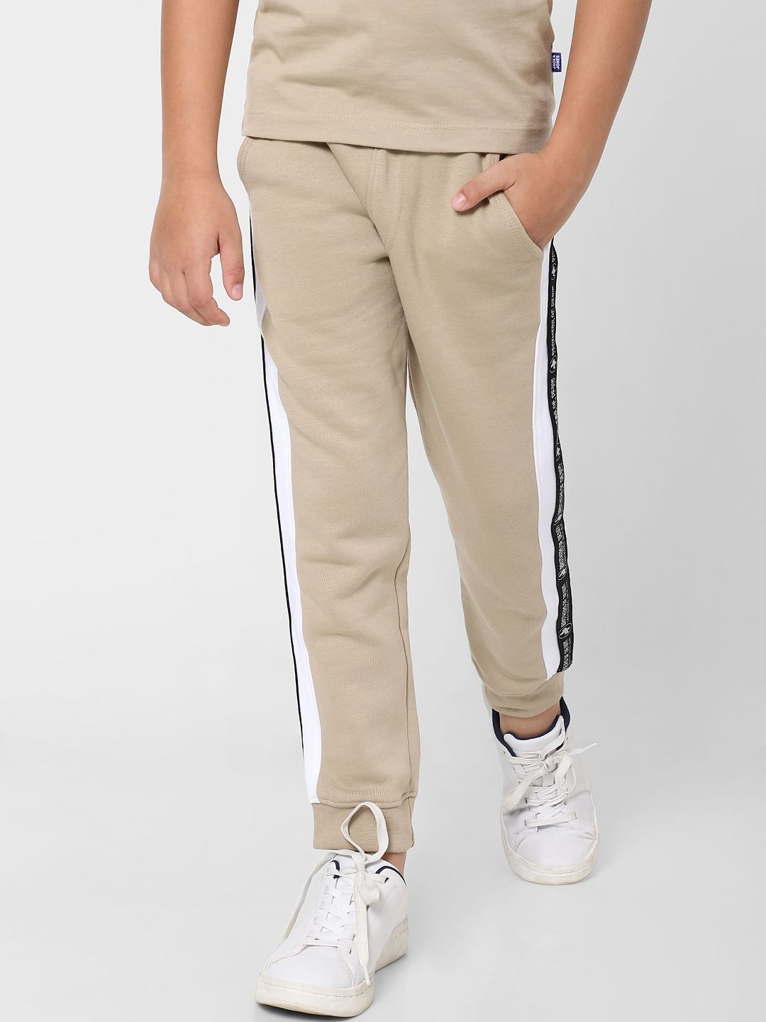 Boys Beige Mid Rise Tape Detail Sweatpants