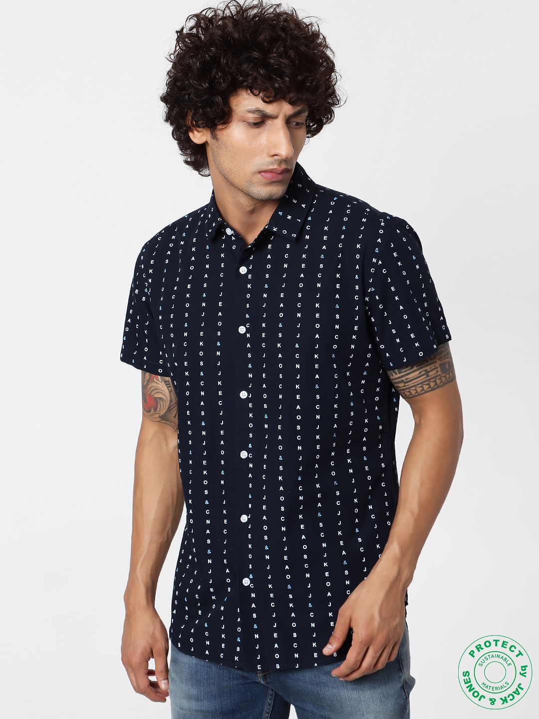 Navy Blue All Over Logo Print Short Sleeves Shirt