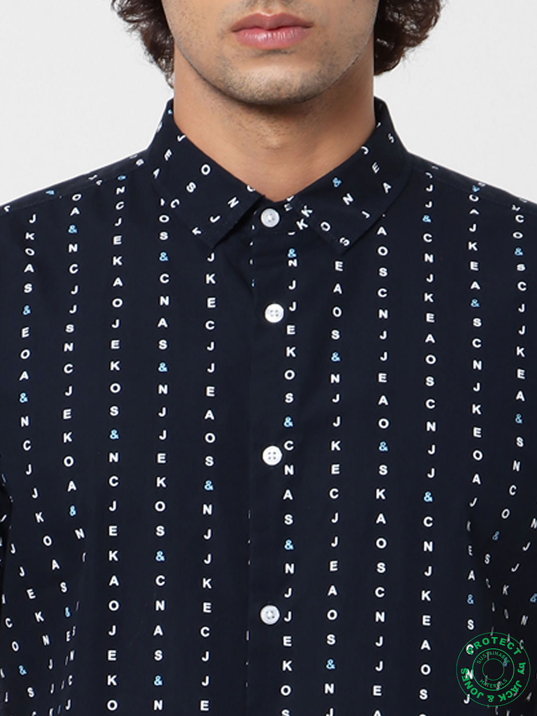 Navy Blue All Over Logo Print Short Sleeves Shirt