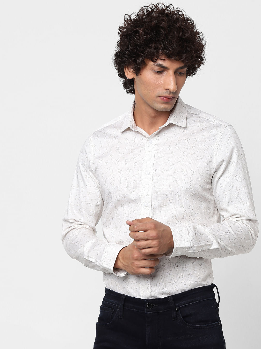 White Full Sleeves All Over Print Slim Fit Shirt