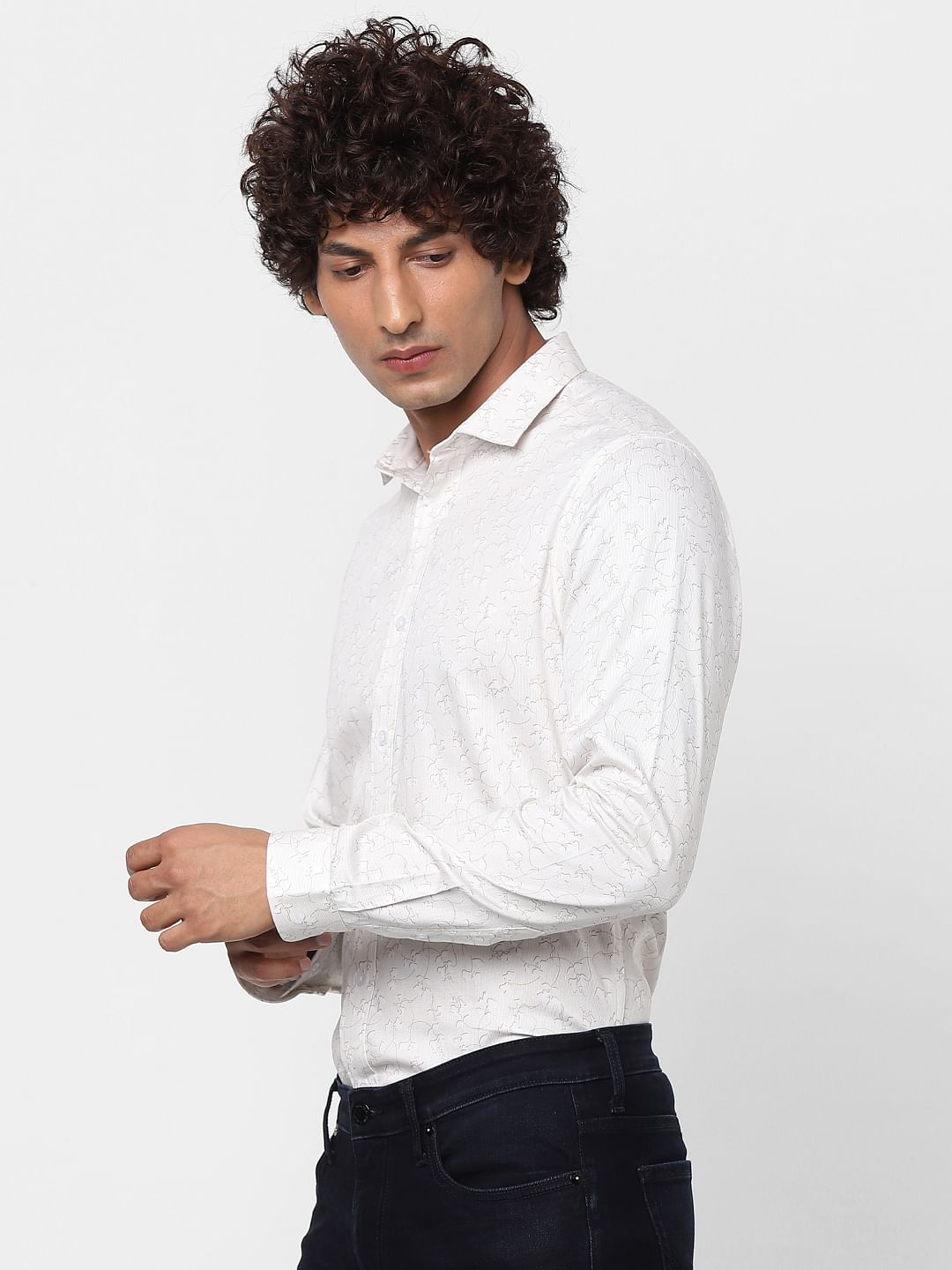 White Full Sleeves All Over Print Slim Fit Shirt