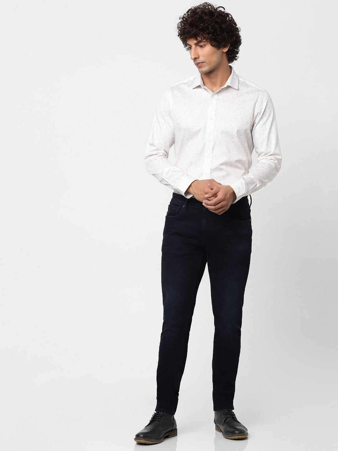 White Full Sleeves All Over Print Slim Fit Shirt