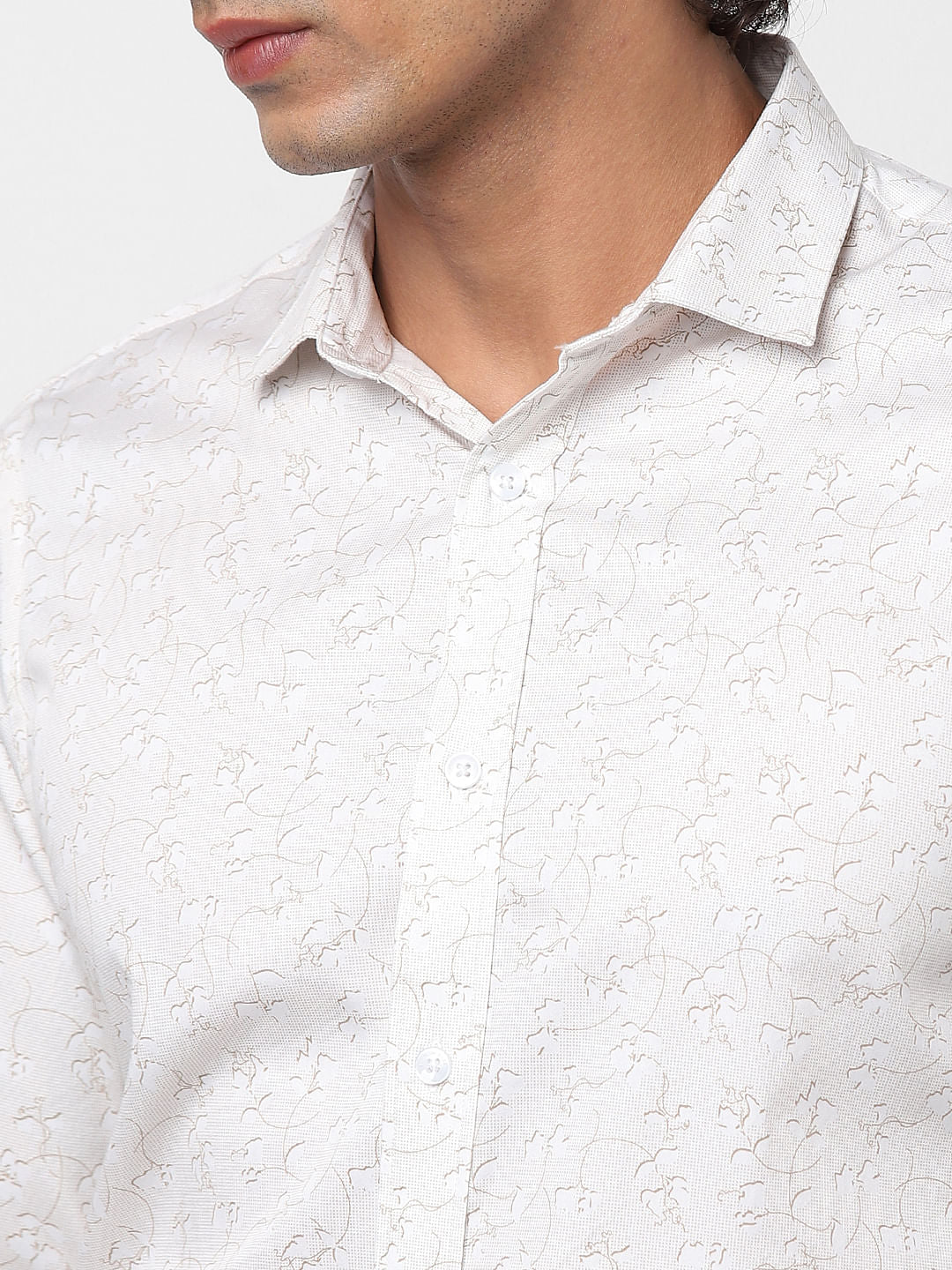 White Full Sleeves All Over Print Slim Fit Shirt