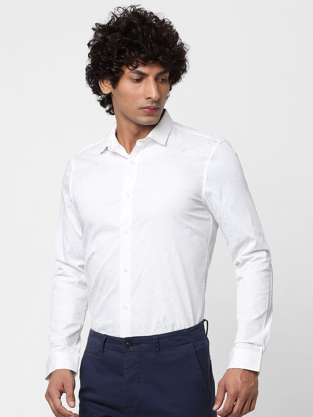 White Full Sleeves All Over Print Slim Fit Shirt