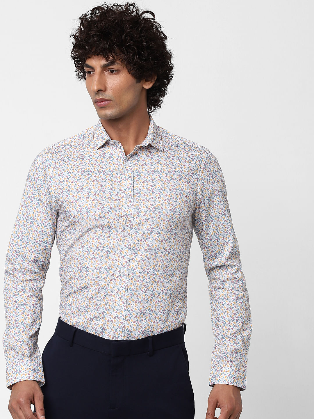 White Full Sleeves Geometric Print Slim Fit Shirt