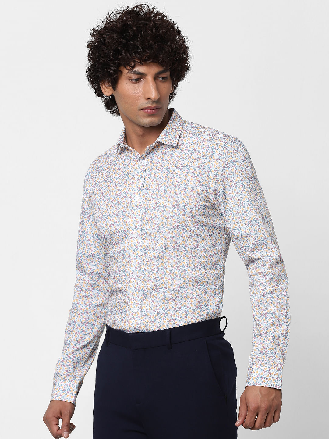 White Full Sleeves Geometric Print Slim Fit Shirt