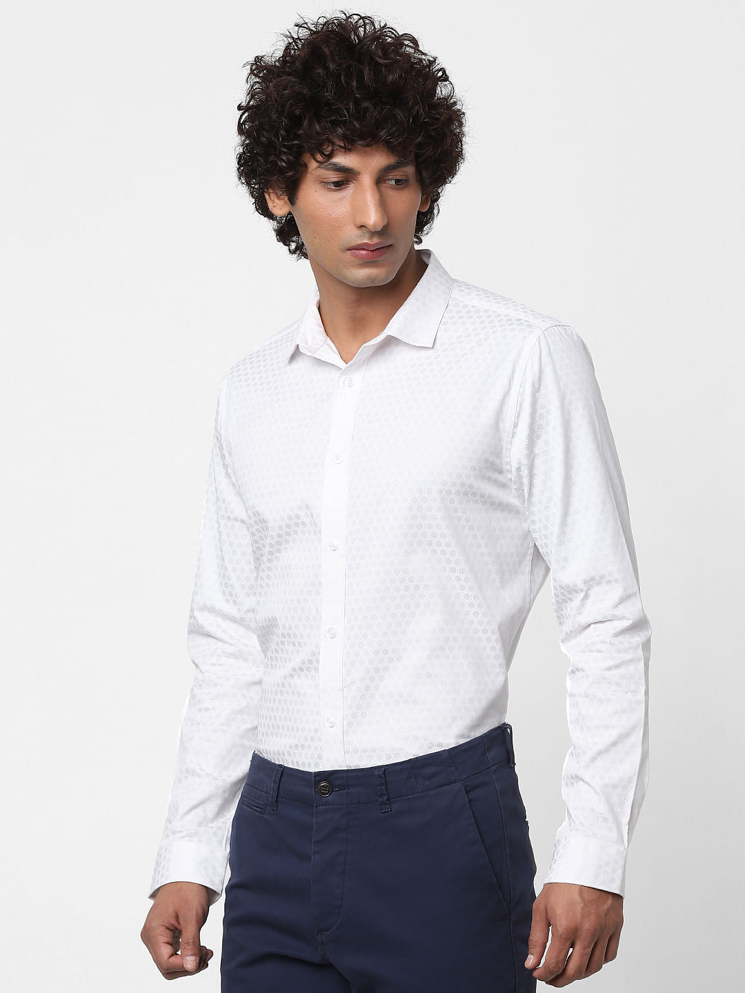 White Full Sleeves Honeycomb Print Slim Fit Shirt