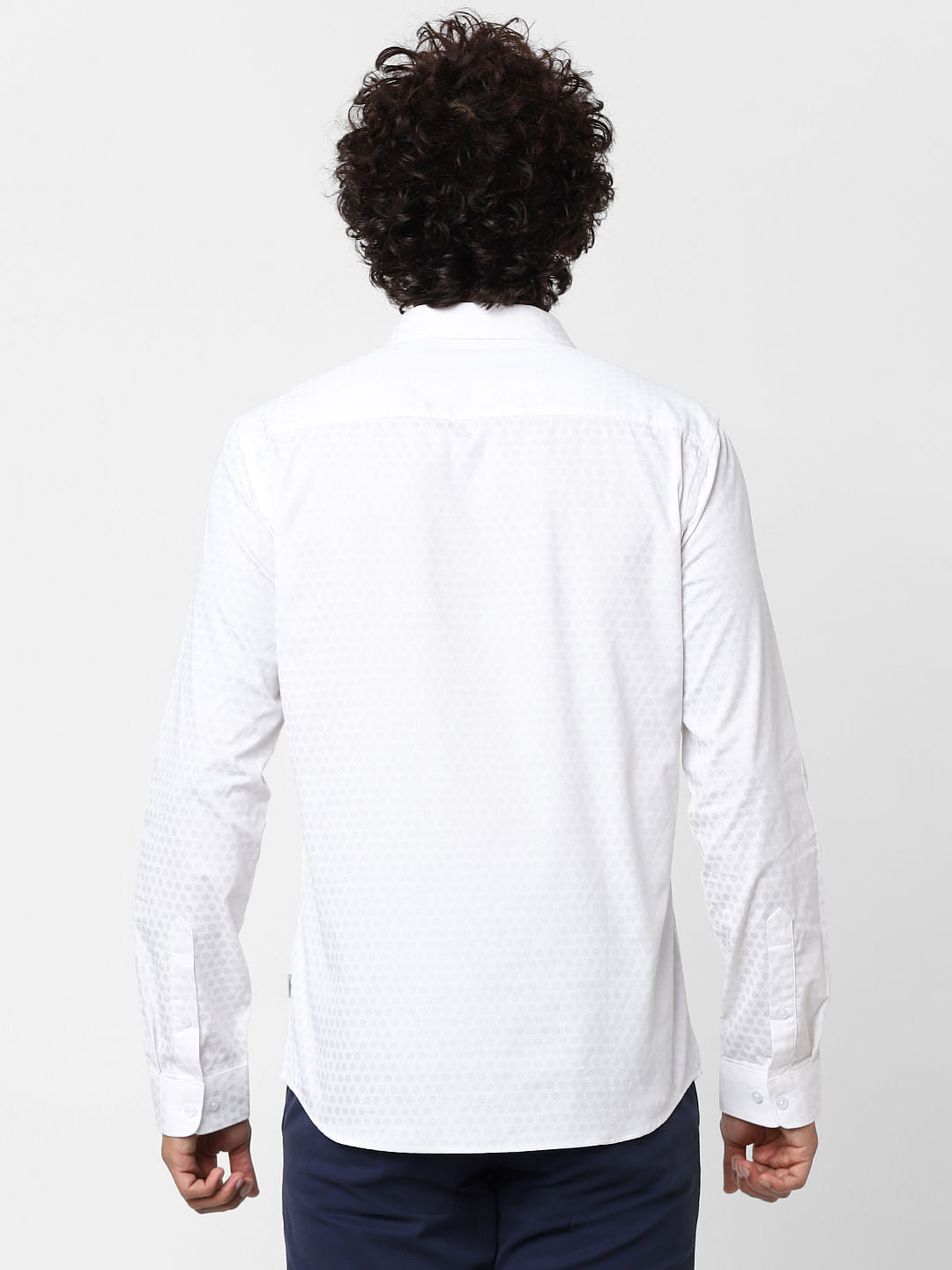 White Full Sleeves Honeycomb Print Slim Fit Shirt