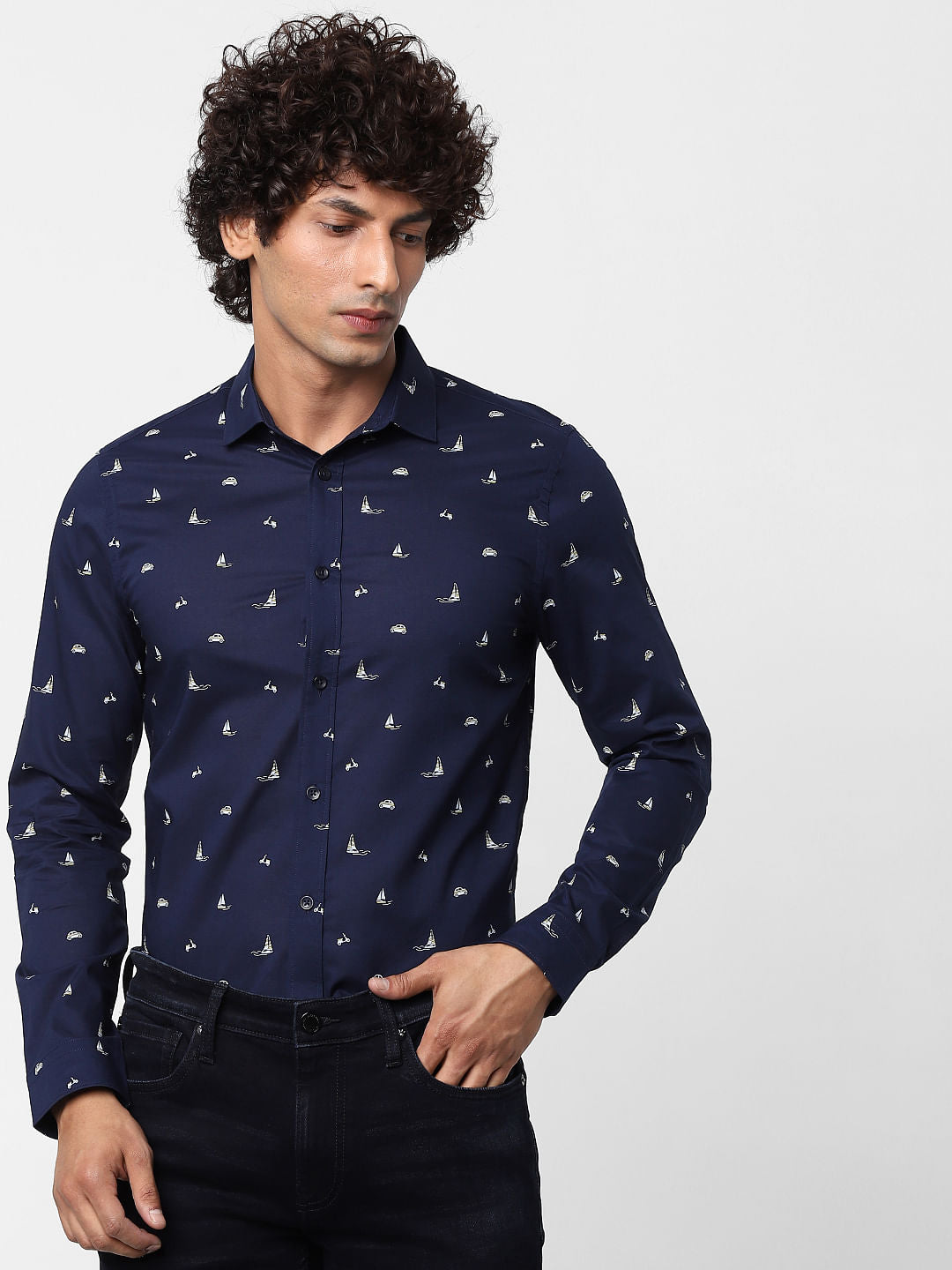 Blue Full Sleeves All Over Print Slim Fit Shirt