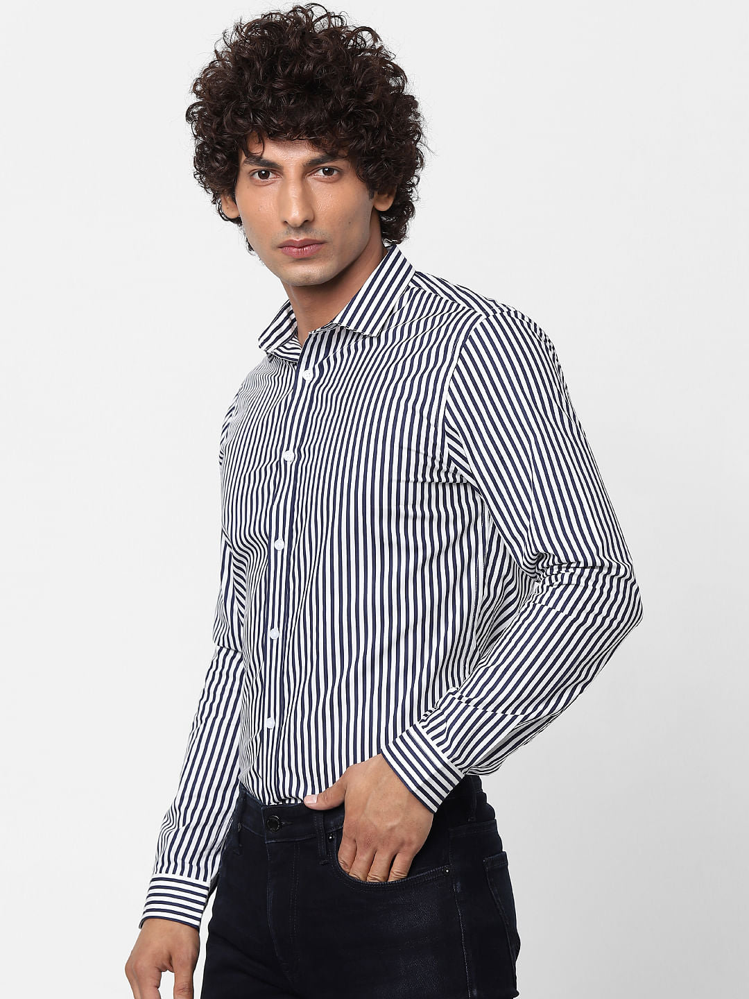 Navy Full Sleeves Striped Slim Fit Shirt