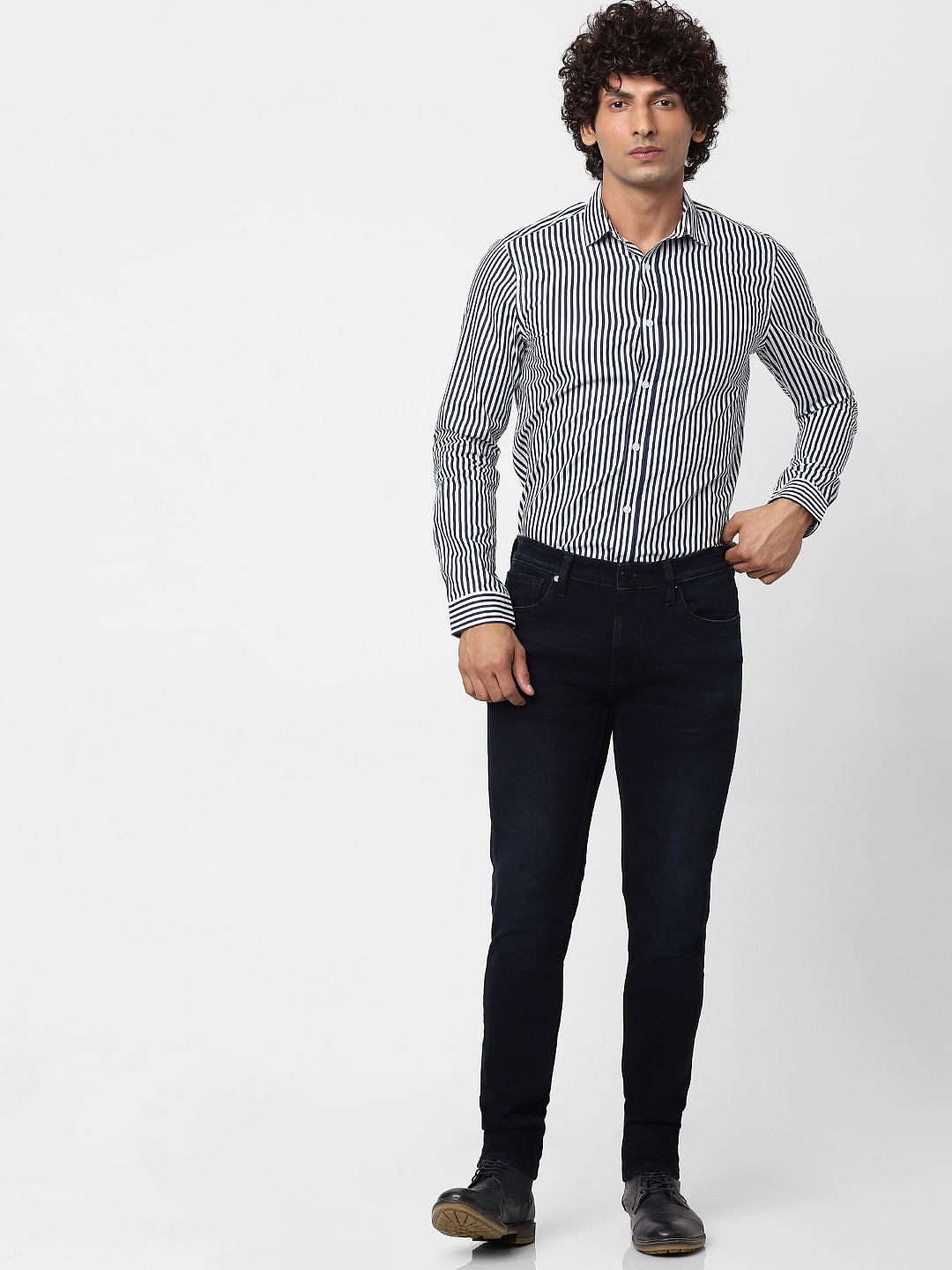 Navy Full Sleeves Striped Slim Fit Shirt