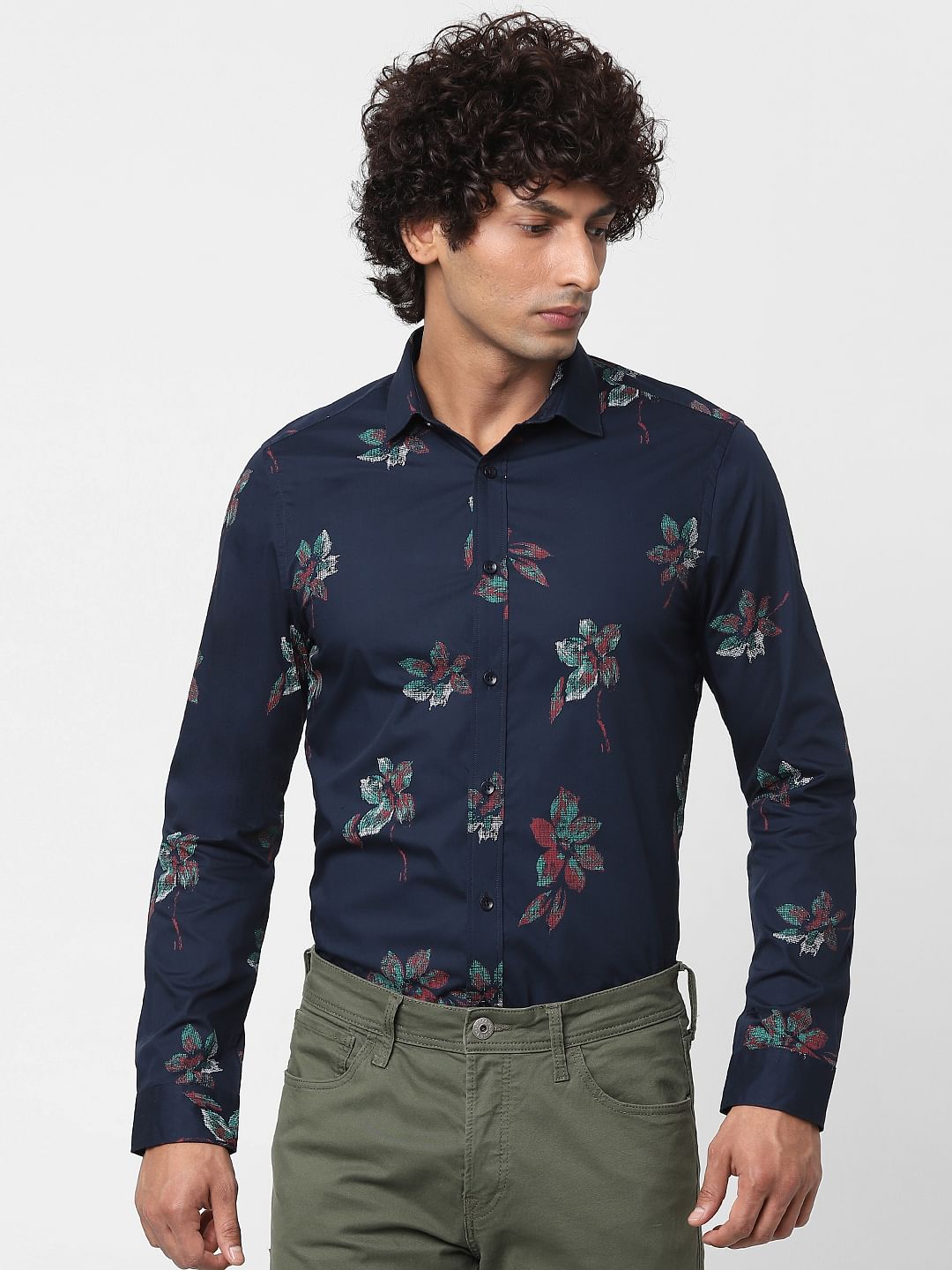 Navy Blue Full Sleeves Floral Print Shirt