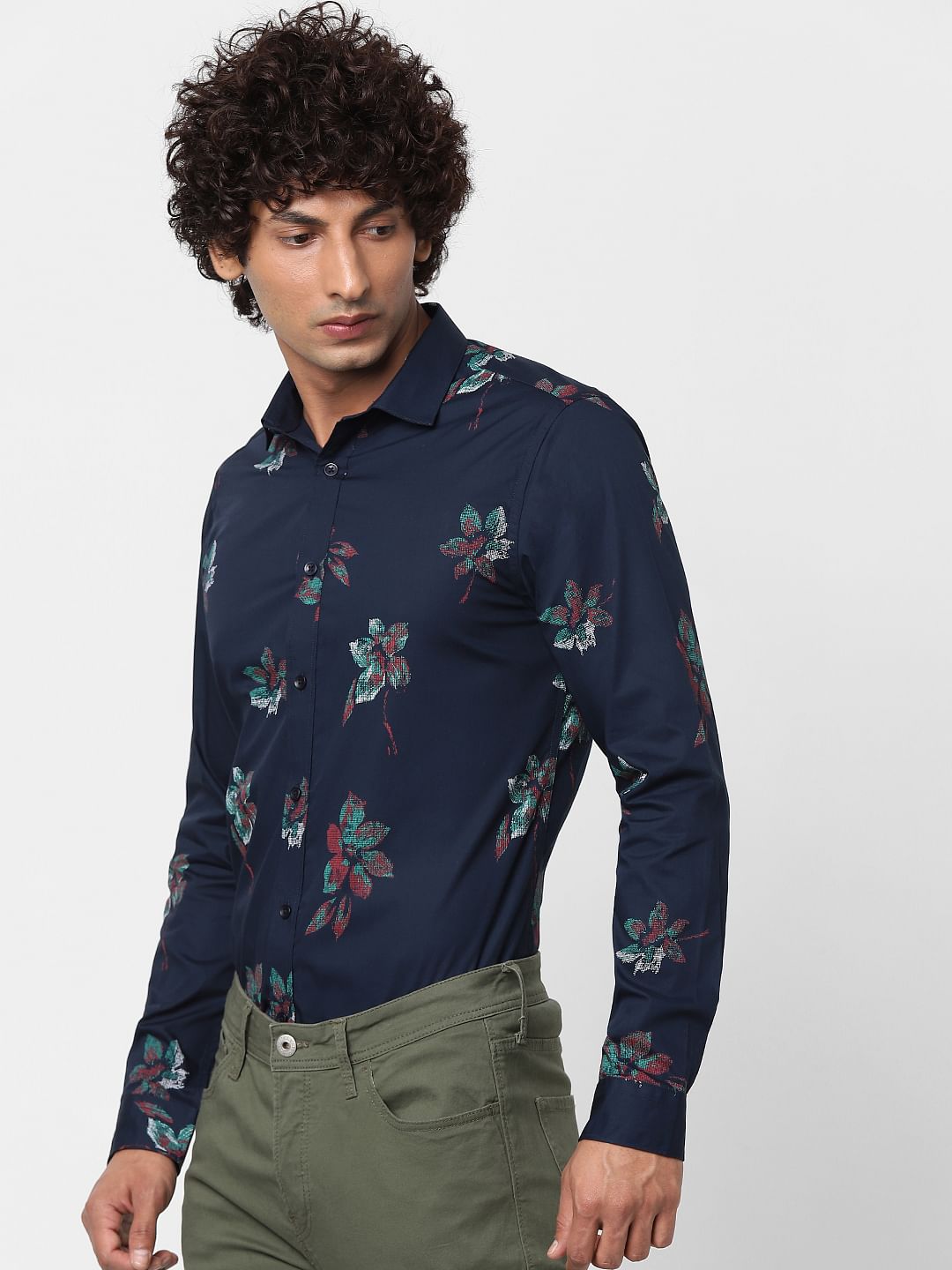 Navy Blue Full Sleeves Floral Print Shirt