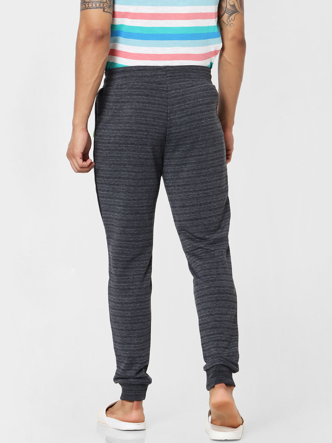 Dark Grey Mid Rise Striped Textured Sweatpants