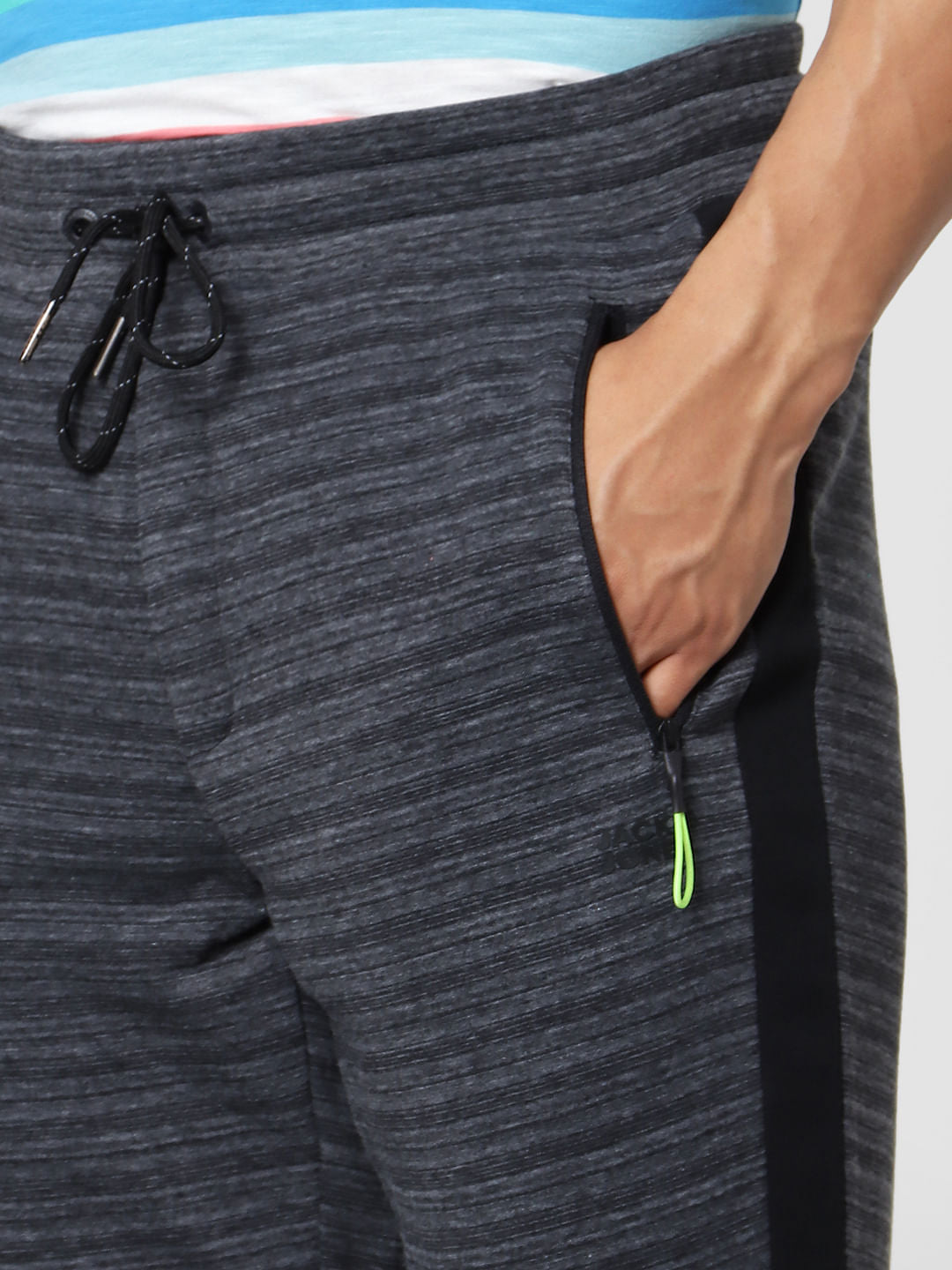Dark Grey Mid Rise Striped Textured Sweatpants