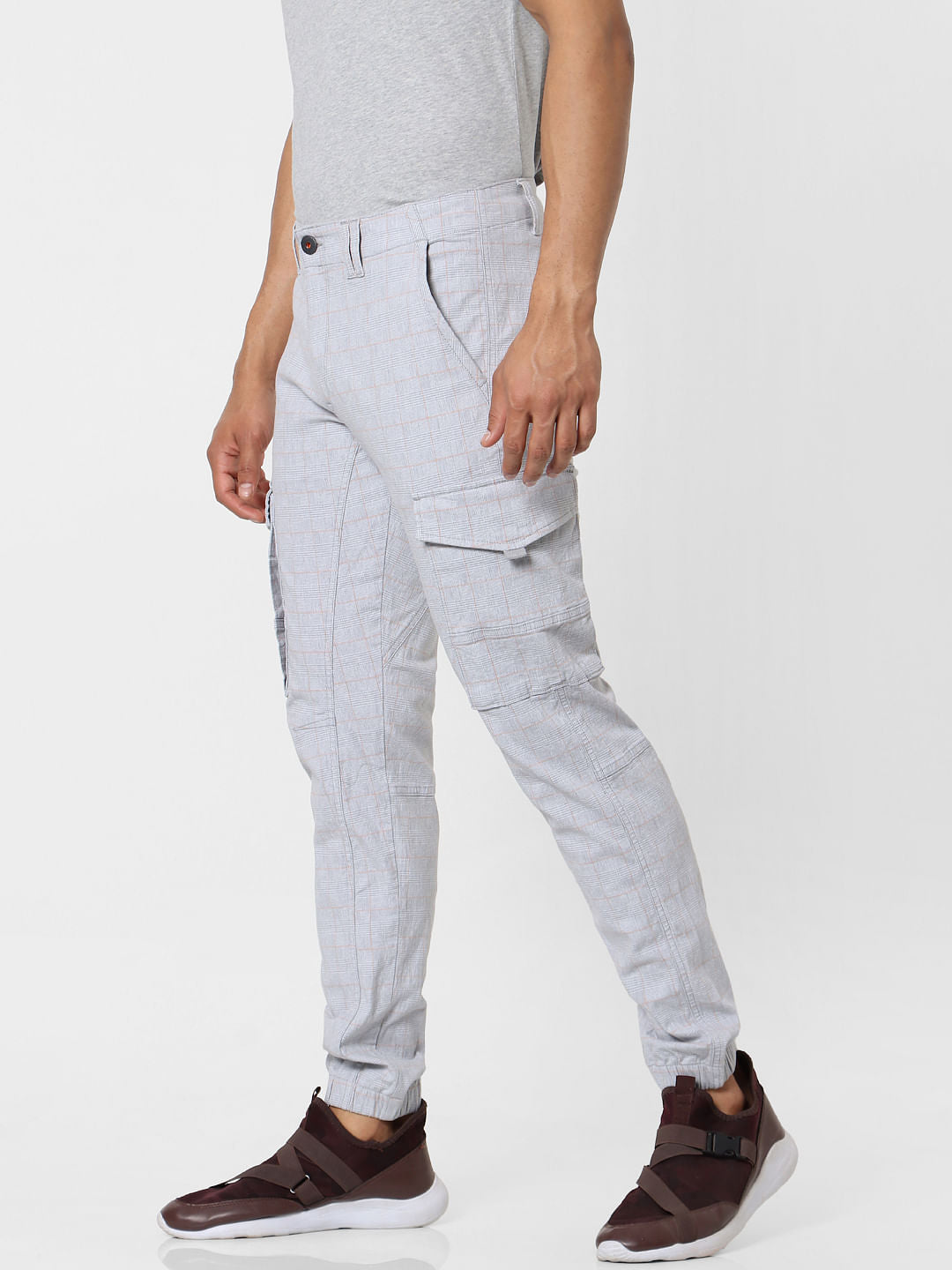 Light Grey Mid Rise Check Pants