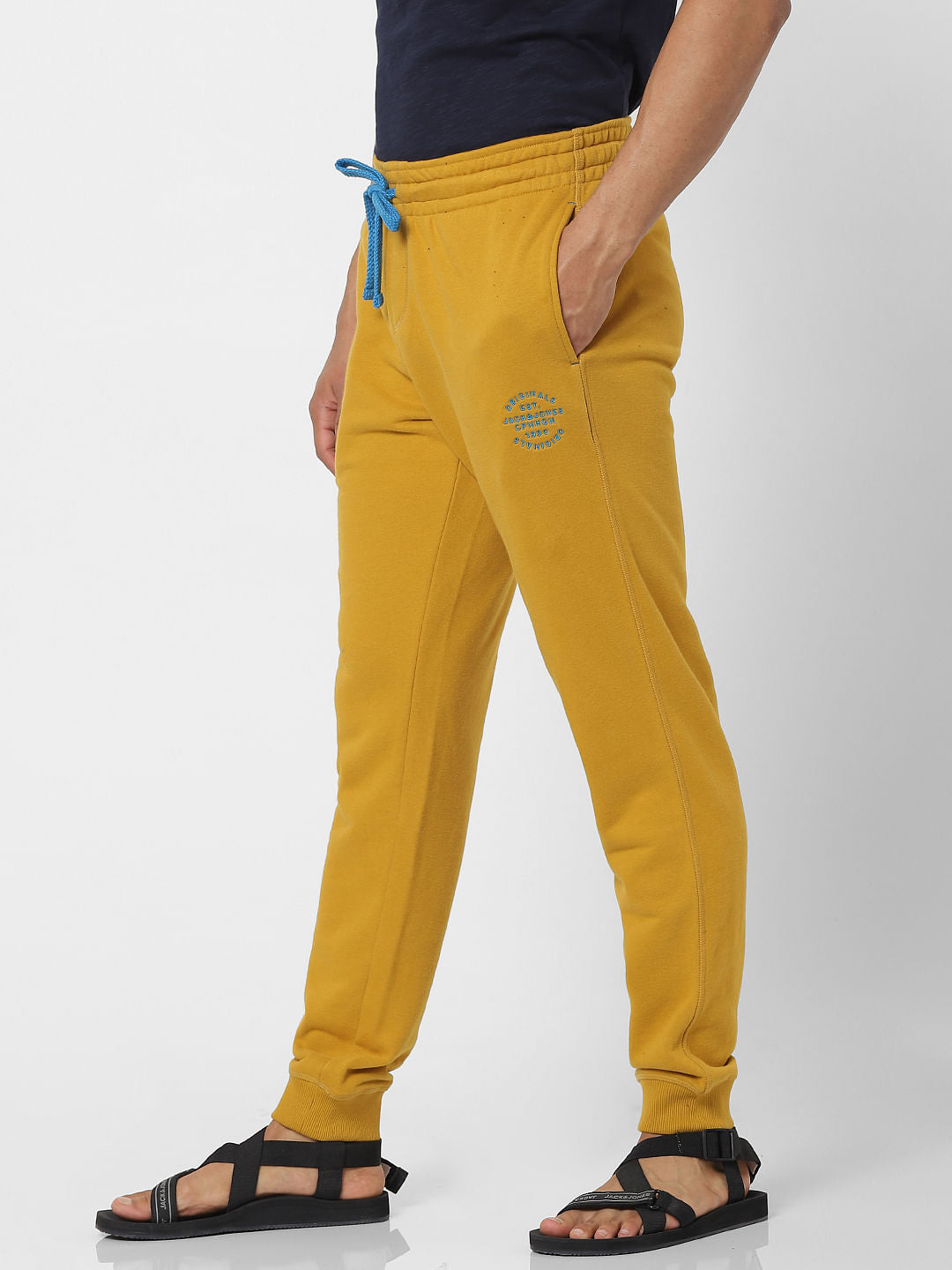 Yellow Mid Rise Logo Print Drawstring Sweatpants