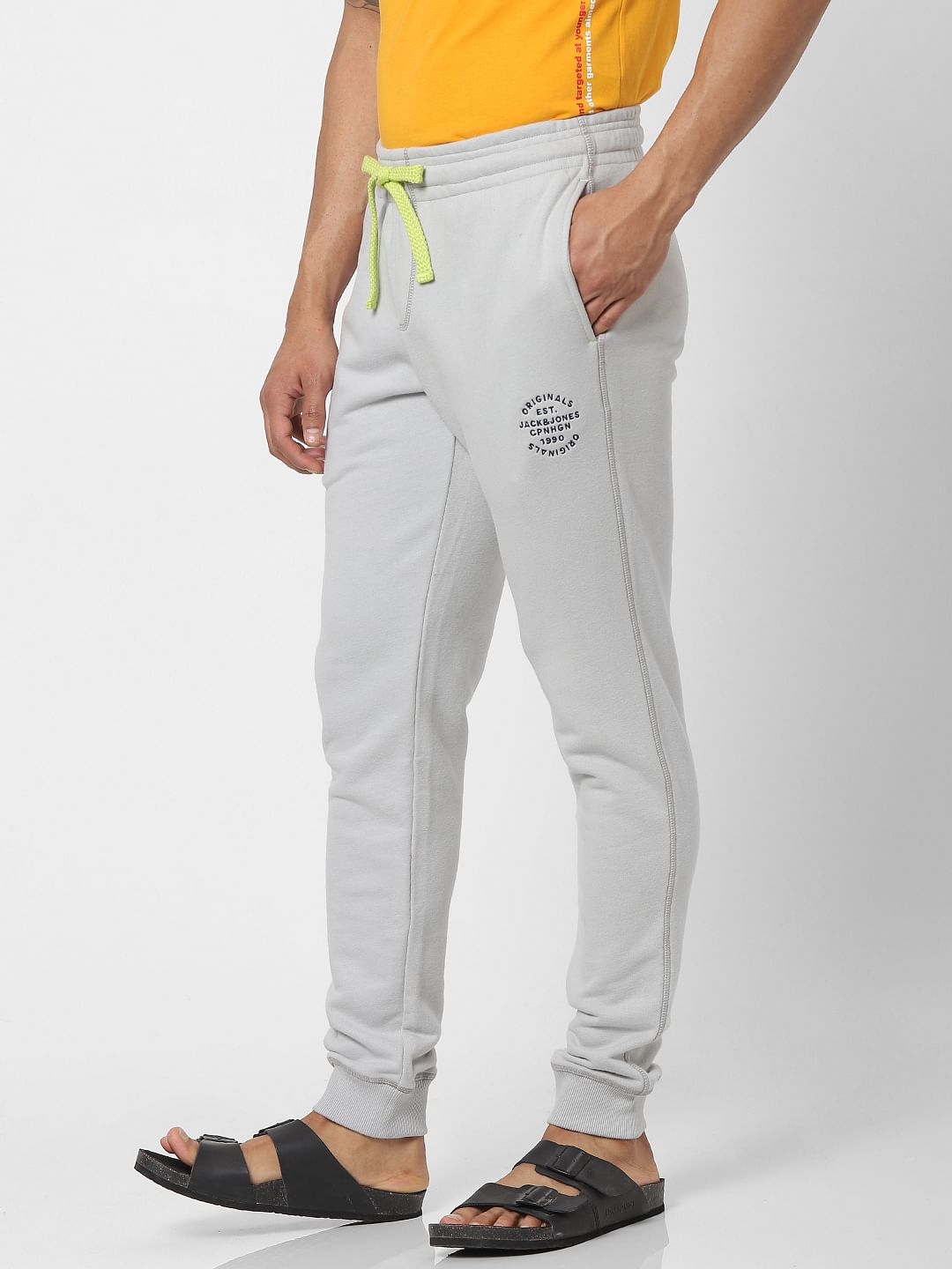 Grey Mid Rise Logo Print Drawstring Sweatpants