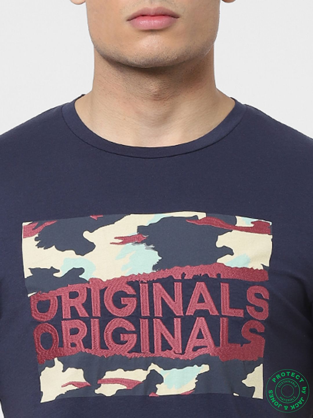 Blue Logo Print Embroidered Crew Neck T-shirt
