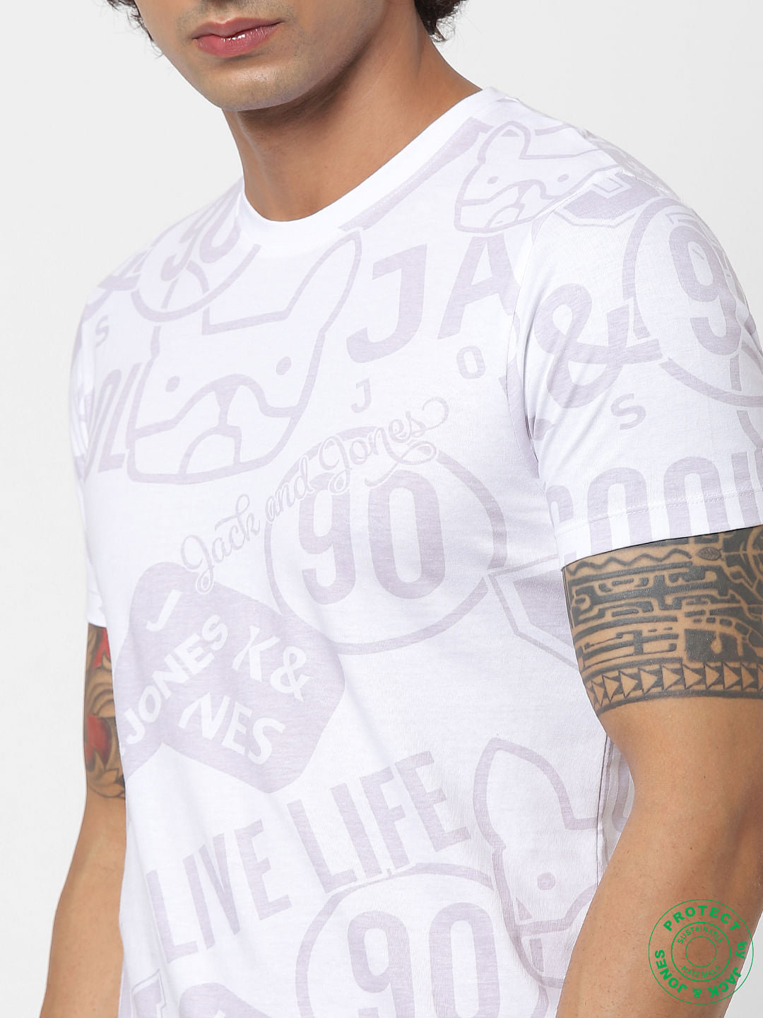 White All Over Graphic Print Crew Neck T-shirt