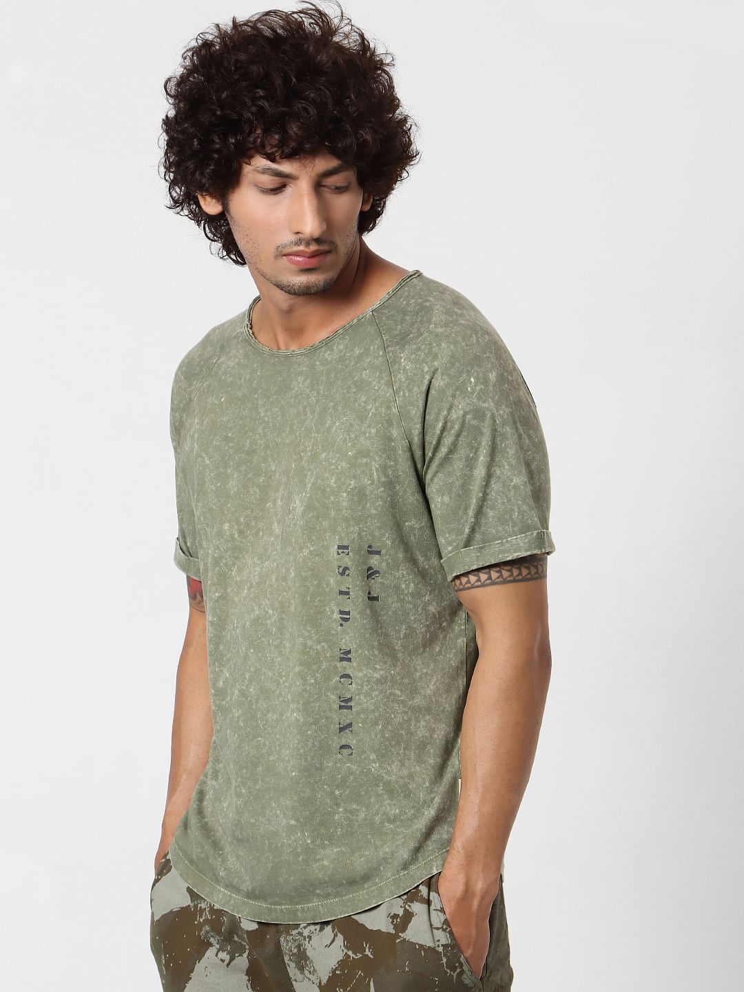 Olive Green Acid Washed Crew Neck T-shirt