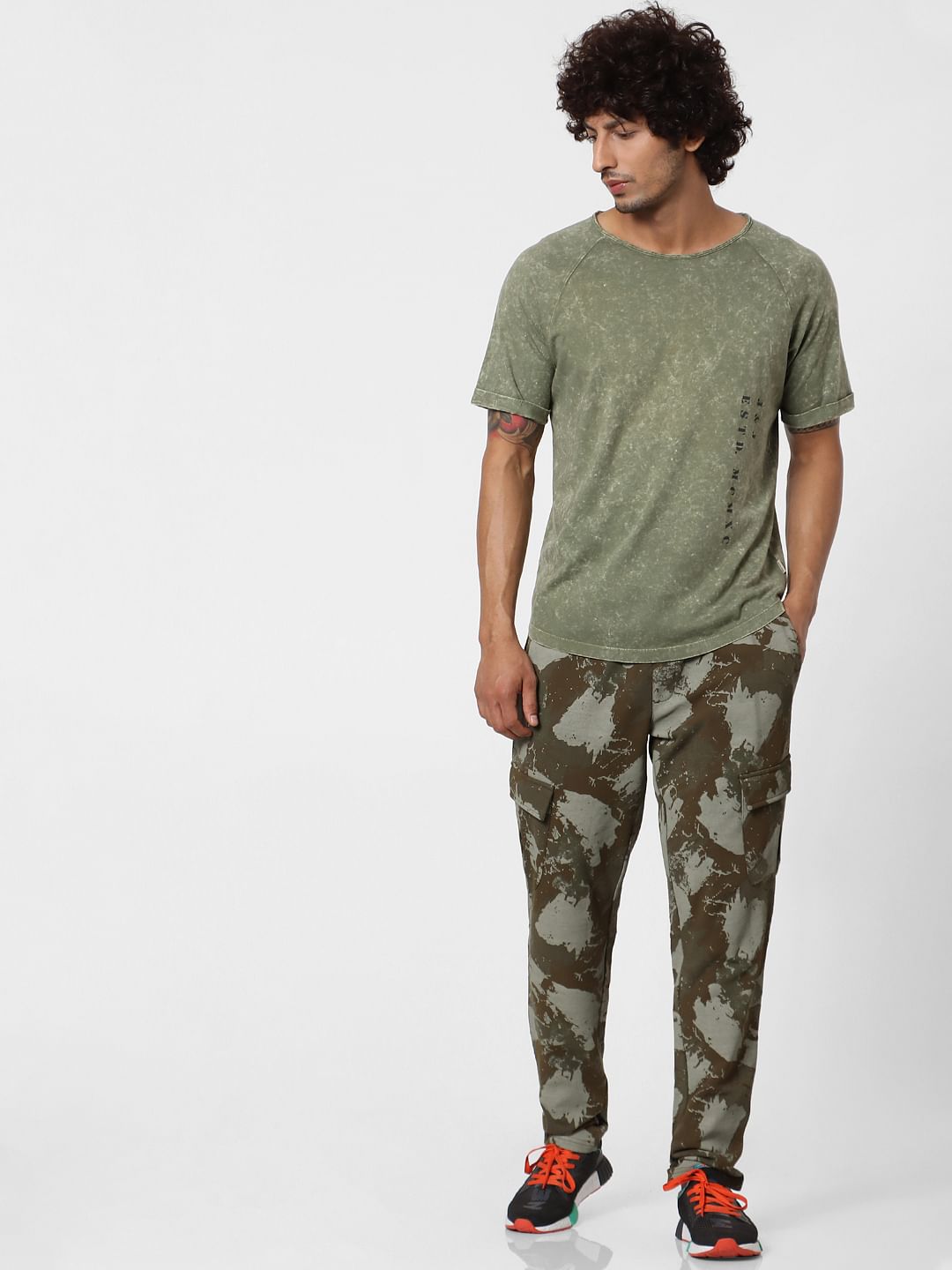 Olive Green Acid Washed Crew Neck T-shirt