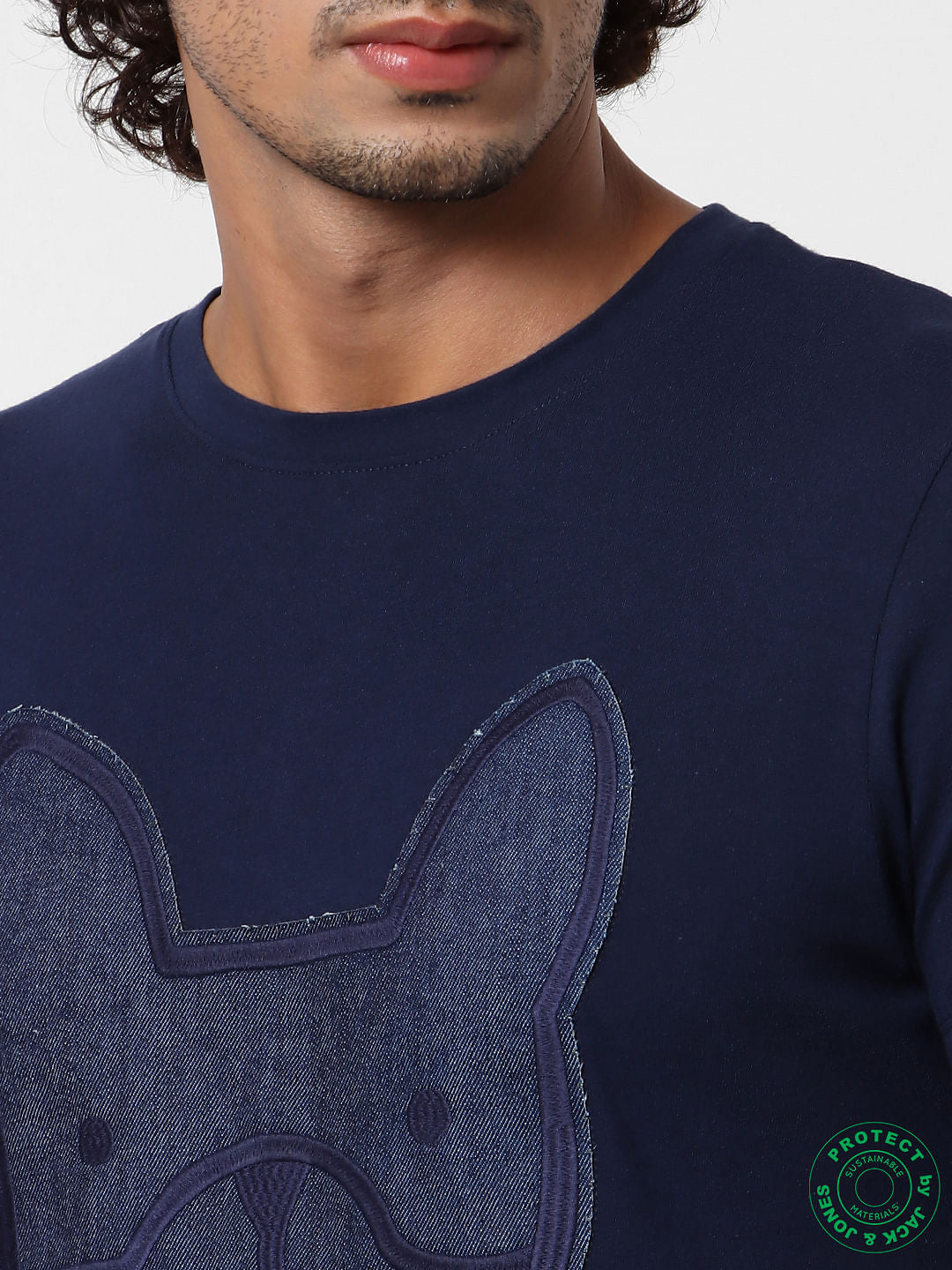 Dark Blue Denim Patchwork Crew Neck T-shirt
