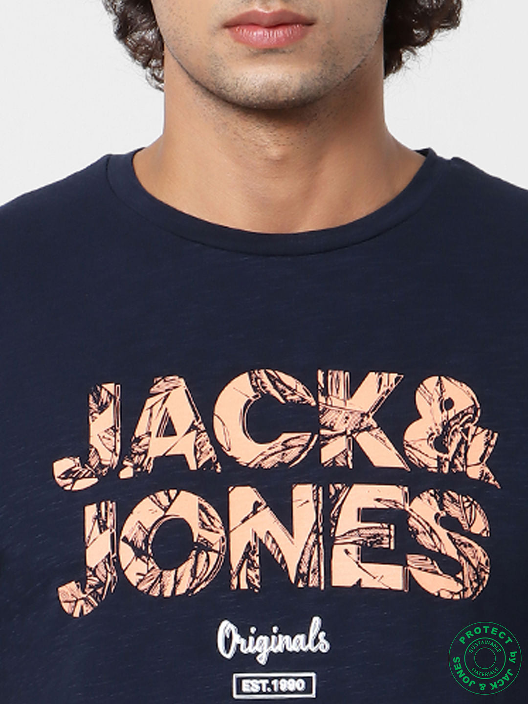 Navy Blue Logo Print Crew Neck T-shirt
