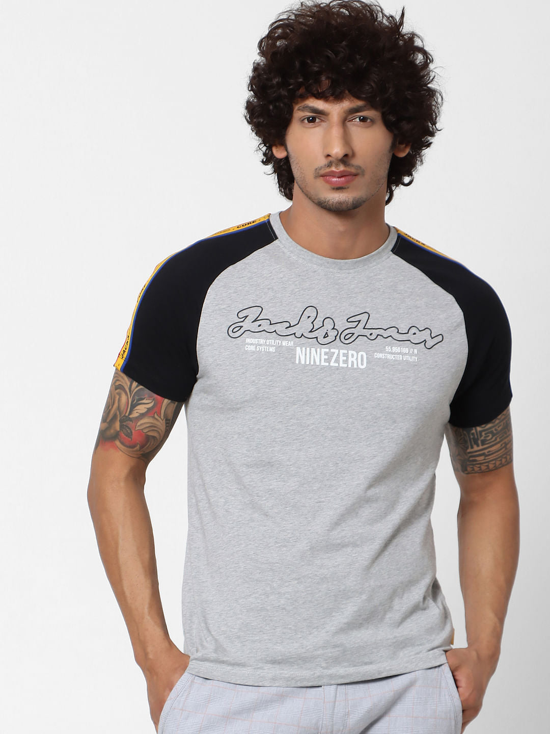 Grey Logo Print Tape Detail Crew Neck T-shirt