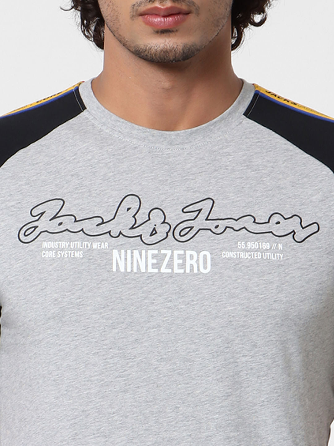 Grey Logo Print Tape Detail Crew Neck T-shirt